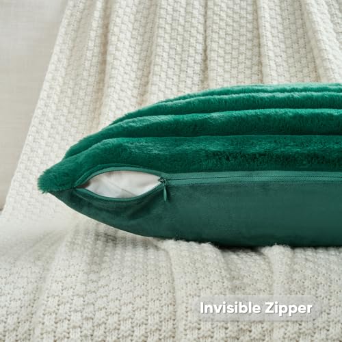 FUTEI Emerald Green Striped Decorative Throw Pillow Covers 16x16 Inch Set of 2,Square Fall Decorations Couch Pillow Case,Soft Cozy Faux Rabbit Fur & Velvet Back,Modern Home Decor for Bed