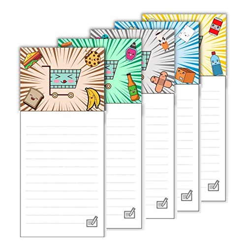 Imanes de Nevera magnéticos para Lista Compra - Bloc de Notas adhesivas Pequeño - Pack con 5 mini imanes potentes - 25 hojas cada imán para Agenda Tareas - Dibujos Kawaii y Colores del Reciclaje Cover