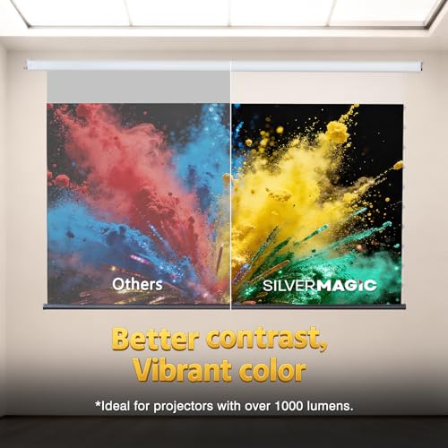 Image of ALR Tensioned Motorized Projector Screen by SilverMagic - Tab Tensioned and Modern Design Gray Screen with White Aluminum case for Home Theater /Living Room /Patio /Office /Classroom - 100 inch 16:9