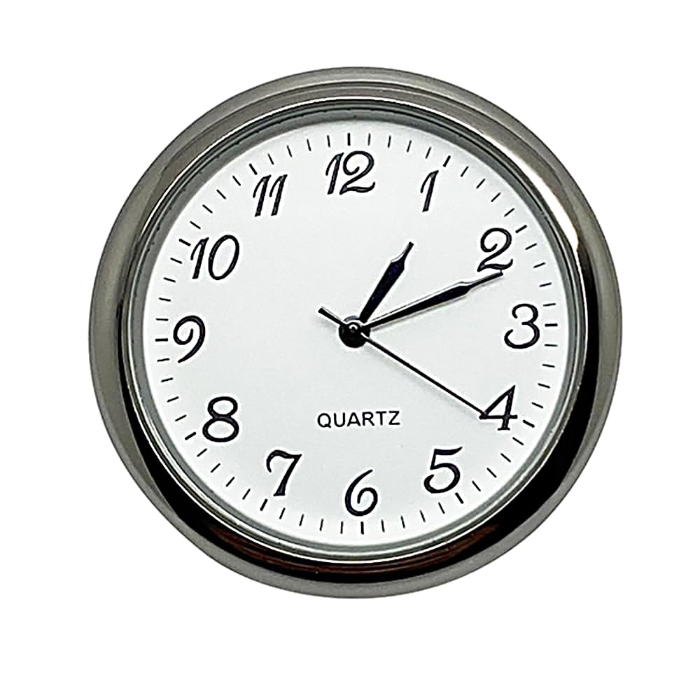 Dans Clock Shop Silver New Round Metal Quartz Bezel Clock Watch Movement Insert Miniature Chrome With Black Arabic Numerals White Dial Battery Operated (45Mm Insert For A 42.75Mm Hole)
