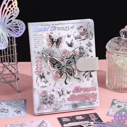 Image of PLUSPOINT Butterfly Aesthetic Scrapbook Kit for Girls - A5 Lock Diary with Stickers, Washi Tape, Memo Pads & Pen, Kawaii Journal Stationery Gift Set for DIY Scrapbooking