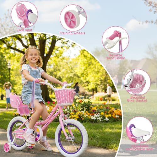 Image of XJD Girls Bike for Toddlers 3-9 Years Old Kids, 12 14 16 Inch Kids Bike with Training Wheels, Streamers, Basket and Doll Seat
