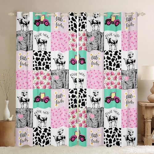 Milk Cow Print Curtains & Drapes,Pink Construction Trucks Tractor Window Treatments,Rustic Farmhouse Animals Blackout Curtains,Honeycomb Teal Patchwork Checked Plaid Home Decor 2 Panels 38 x 45 Inch