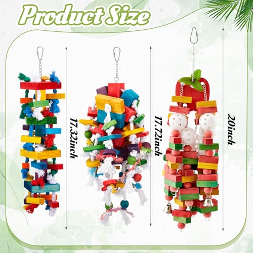 Image of Seenelling 3 Pcs Extra Large Bird Toys for Parrots, Block and Rope | Multicolored Natural Wooden Blocks & Beads Bells, Bird Cage Chewing Toys for Large Medium Macaws African Grey Cockatoos