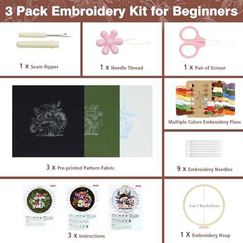 Image of RidaaFri Embroidery Kit for Beginners, 3 Pk Stamped Mushroom DIY Craft Supplies with Hoop, Needles, Floss, Video, Complete Starter Kit for Learning Embroidery, Hobby Gift