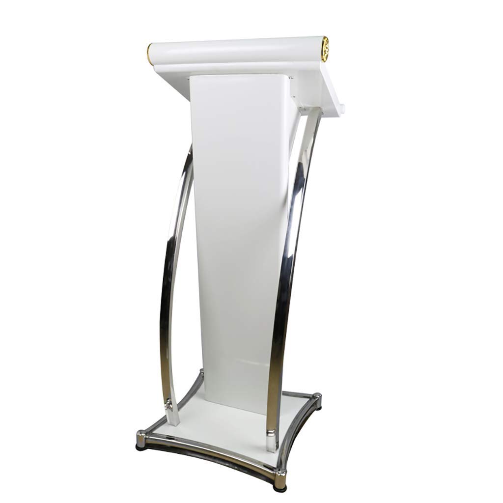 Modern Wooden Presentation, Stand-Up Lectern Conference Seminar Multimedia Stainless Steel Pillar Curved Pulpit for Churches