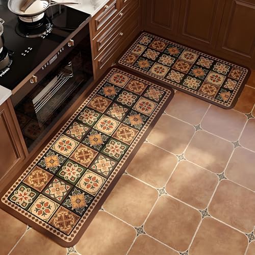 Kitchen Mats for Floor 2Pcs Washable Anti Fatigue Mat for Cushioned 15.7x23.6+15.7x47.2 Waterproof Kitchen Rugs Non Slip Comfort Standing Mat for Home Sink Laundry (Retro patterns)