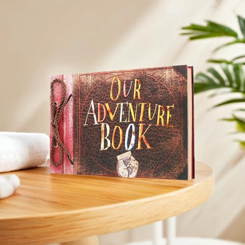 Image of Scrapbook Photo Album,Our Adventure Book, Embossed Words Hard Cover Movie Up Travel Scrapbook for Anniversary, Wedding, Travelling, Baby Shower, etc (Retro Adventure Book)