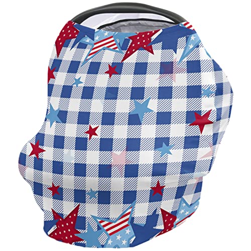 Nursing Cover for Breastfeeding Scarf, Blue Plaid Red Stars Independence Day 4th of July Stripes Baby Car Covers Super Soft Multi Use for Canopy Shopping Cart Cover Blanket Stroller Cover