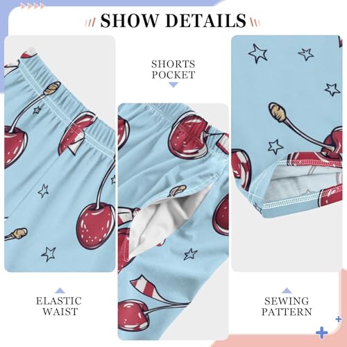 Pajama Bottoms, Cherry Ribbon Bows Pajamas Pant Sleep Long Pants Blue Lounge Wear Elastic Waist Sleepwear Pjs4