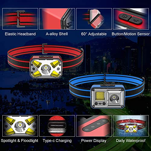 Dieserwelpe Aluminum Headlamp Usb C Rechargeable, Bright Led, Floodlight & Spotlight, Motion Sensor, Long Press Off, Waterproof Head Lamp For Hiking, Running, Repairing, Dog Walking #TOP1