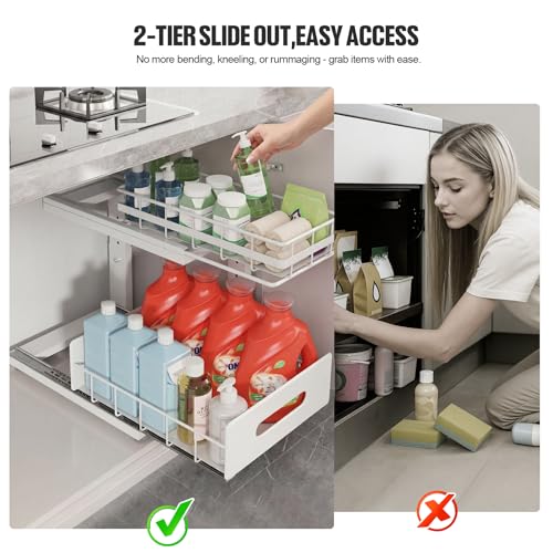 Image of Under Sink Organizer Upgrade To Professional Rails,2-Tier Dual Pull Out Cabinet Storage,Height Adjustable Slide Out Drawers For Bathroom Kitchen,2 Pack-14.5 inch Dx12.8-16.9 inch H,White