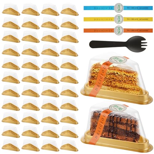 LDHHYH 100 Pack Cake Slice Container with Lids, Stickers and Forks – Gold