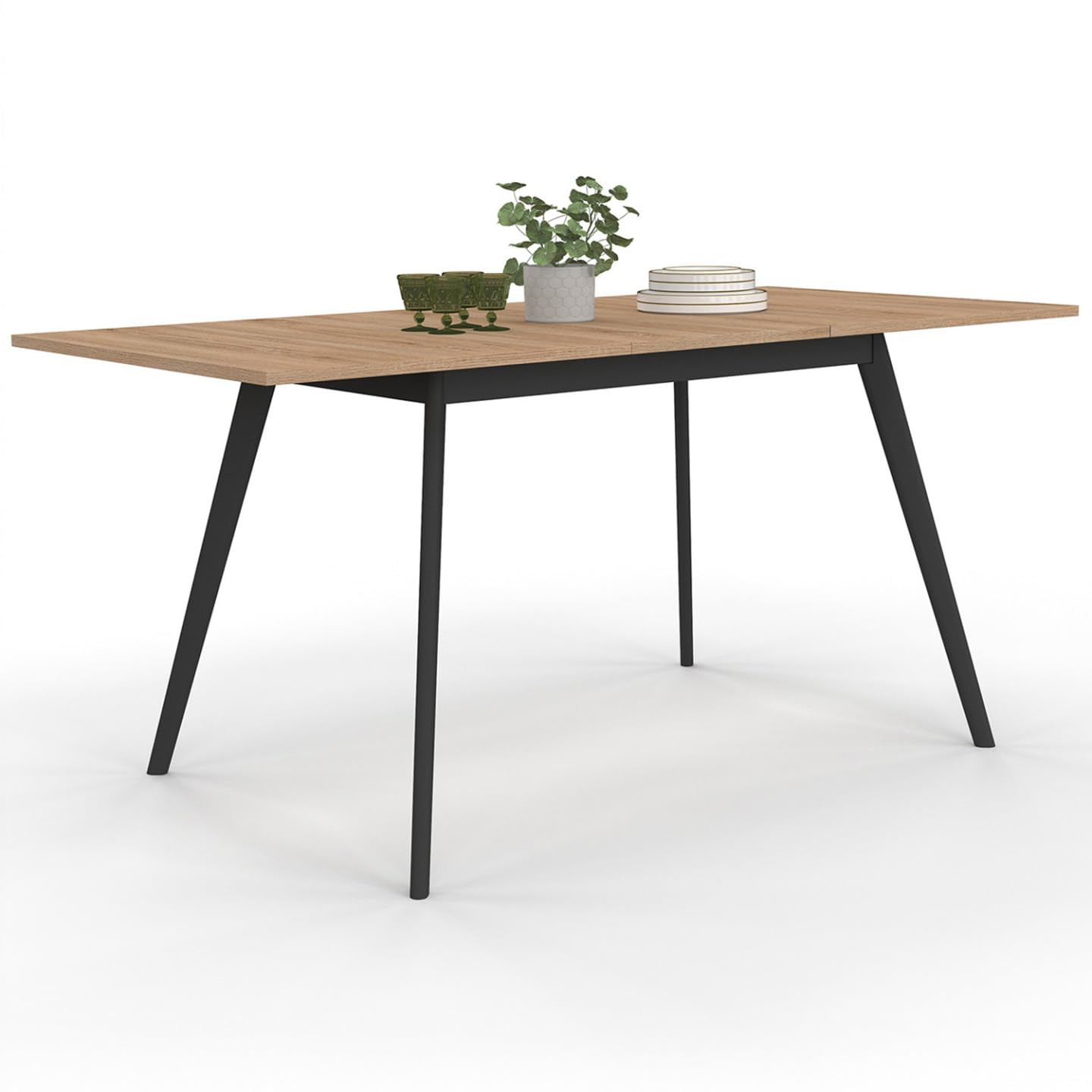 IDMarket – Mesa escandinava extensible rectangular Inga 4-8 personas, bandeja madera, patas negras, 120-160 cm