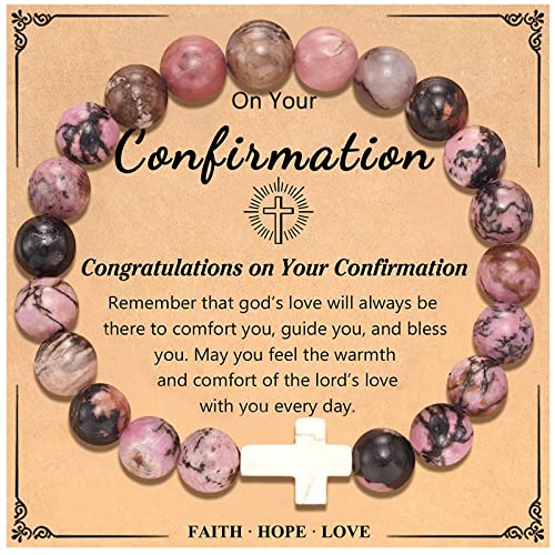 Image of Confirmation Gifts for Teenage Cross Charm Beaded Bracelet for Women /Men Relax Anxiety Jewelry Faith Gifts Catholic Sponsor Gift (Red)