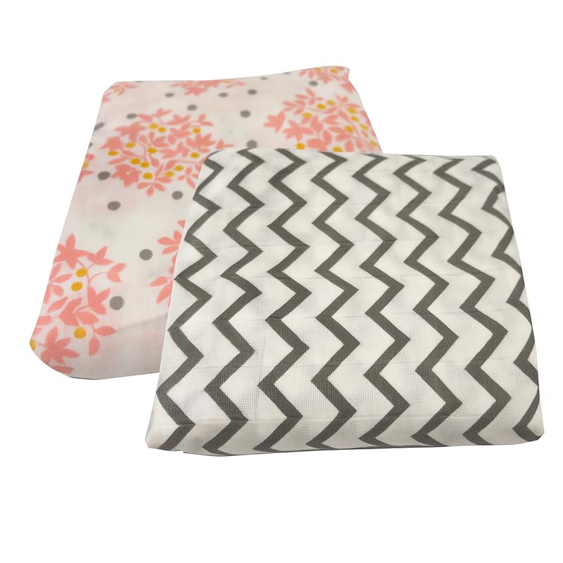 Image of Organic Cotton Muslin Pack of 2 Baby Bath Towel Cotton Cloth Premium Baby Washable, Reusable, Absorbent, Extra Soft 120 X 120 Cm Leaf Dot & Grey Zig Zag (Minor Manufacturing Irregularity)