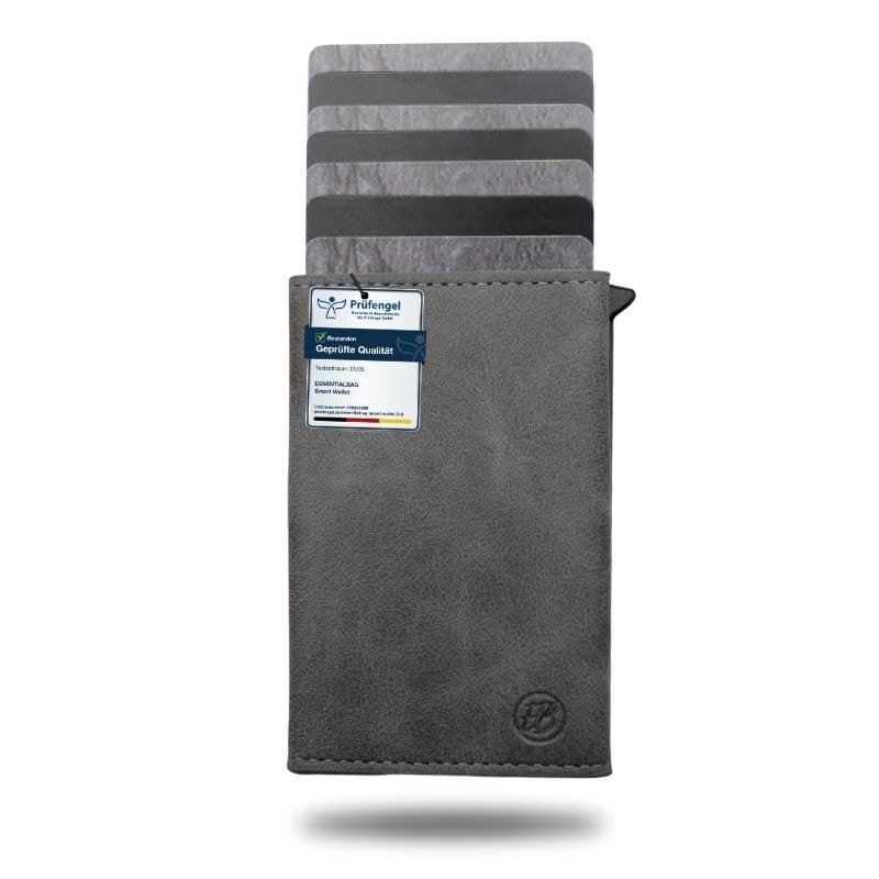 ESSENTIALBAG Smart Wallet mit Münzfach, bis 10 Karten - Kompaktes Karten Portemonnaie mit Magnetverschluss Herren, Damen - Slim Wallet veganes Leder, sofortiger Kartenzugriff - RFID (Platin-Grau)
