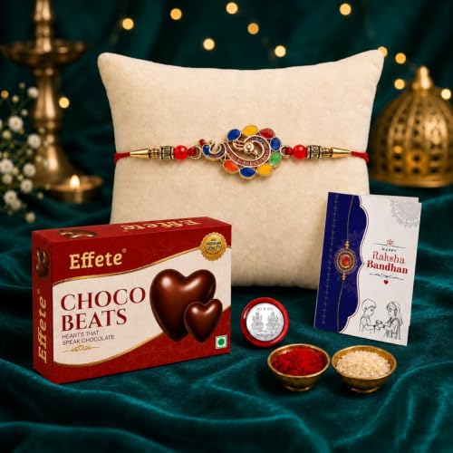 Image of DeoDap Rakhi Multicolor Peacock Design Rakhi Beats with Chocolate Beats 32gm, Silver Pooja Coin, Tilak Set, Greeting Card - Rakhi Gift for Brother