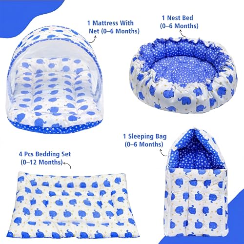 Image of Fareto Combo of Baby Nest | Net with Bed | Carry Bag | 4 Pcs Bedding Set(0-6 Months) (Fullset Nest) (Ele Blue)