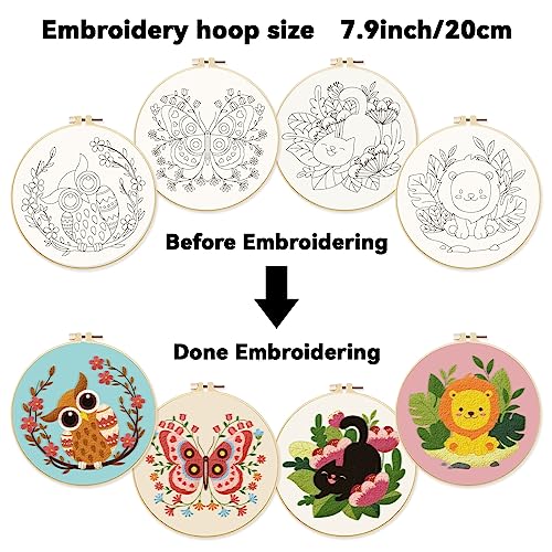 Image of ORIGACH 4 Pack Animals Embroidery Kits for Beginners, DIY Starter Hand Embroidery Kit with Cartoon Owl Butterfly Cat Lion Patterns and Instructions for Adults Women Crafting