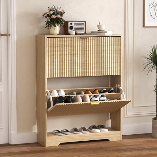 Image of HUANLEGO Shoe Cabinet Storage for Entryway with 2 Flip Drawers, Fluted Shoe Cabinet with Open Storage, Wooden Hidden Shoe Rack Freestanding Narrow Slim Shoe Organizer for Hallway, Entrance