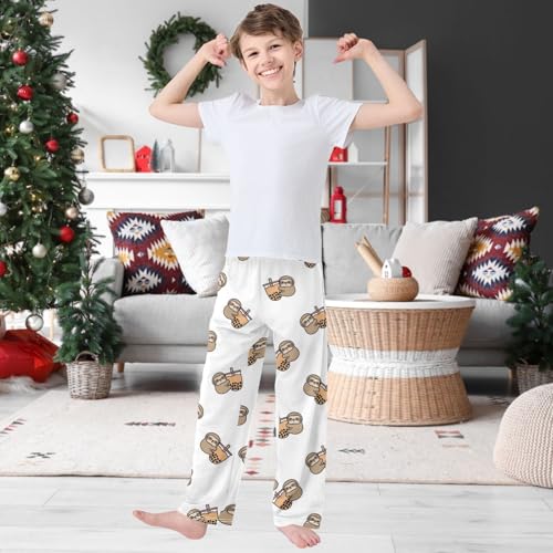 Boy's Pants Sloth Loves Bubble Tea Cute Jogger Pants Elastic Waist Long Bottoms Trousers with Pockets 6-14 Years2