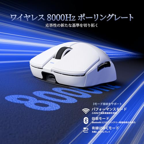 ATTACK SHARK X8ULTRA ワイヤレスゲーミングマウス - 55g超軽量設計 / Nordic 52840チップ搭載 / 42000DPI PAW3950MAXセンサー / （有線・Bluetooth・2.4GHz） / 8000Hzポーリングレート / 1億回耐久光マイクロスイッチ / 500mAhバッテリー / プロゲーマー向け eスポーツ対応/滑り止めシール付き（ホワイト）