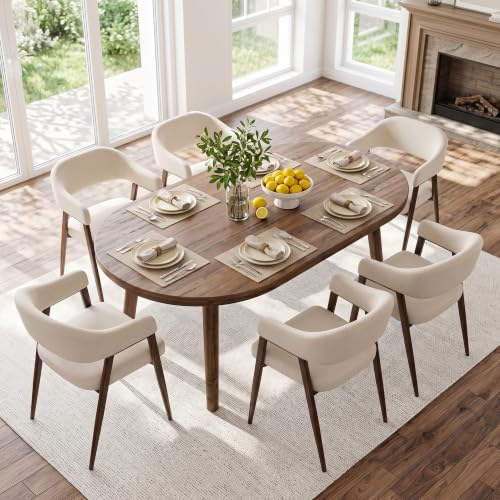 Image of HNY Modern Dining Chairs with Arms Set of 6, Beige Linen Upholstered Chairs