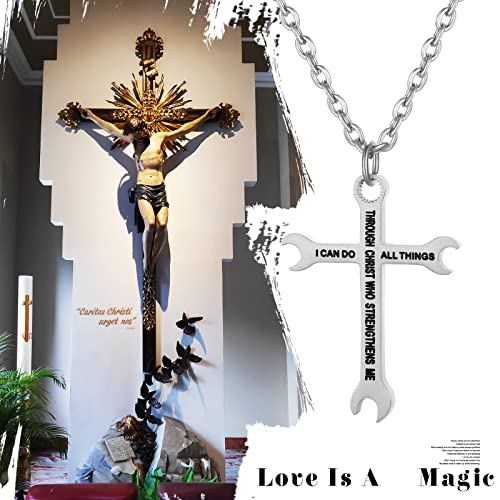 Cupimatch Men's Wrench Cross Pendant Necklace Titanium Steel Bible Verse Philippians 4:13 I CAN DO ALL THINGS Plumber Tool Cross with 22" Chain Black Gold Silver2