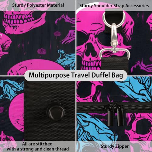 Skull Travel Duffle Bag, Sports Gym Bags for Women Men, Carry On Weekender Overnight Bag, Spooky Skull Workout Hospital Airplane Trips Bag3