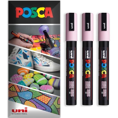Posca - Rotulador permanente a base de agua, multiuso en superficies, PC-5M, paquete de 3 bolígrafos en cartera (rosa claro)