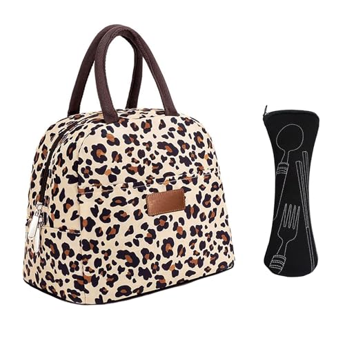 MEMOFYND Sac à déjeuner 1 pièce avec motif léopard et 1 sac à couverts, sac isotherme en tissu Oxford, sac de transport pratique, sac à déjeuner anti-fuite, convient pour le travail, l'école, le