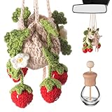 DaisyInner Cute Crochet Plant Car Freshener 12ml Empty Refillable Diffuser Bottle with Plants Hanging Accessories for Rearview Mirror Home Office Decor Women Mother's Day Gifts(Strawberry)