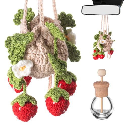 Image of DaisyInner Cute Crochet Plant Car Freshener 12ml Empty Refillable Diffuser Bottle with Plants Hanging Accessories for Ornaments Charms Rearview Mirror Home Office Decor Women Gifts(Strawberry)
