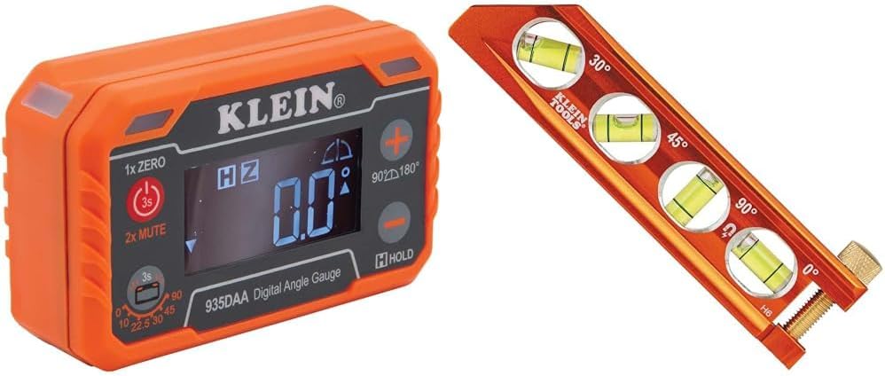 Klein Tools 935DAA Digital Electronic Level and Angle Gauge, LED Angle Alert & 935AB4V Level, 6-Inch Magnetic Torpedo and Conduit Level with 0/30/45/90 Degree Vials, V-Groove