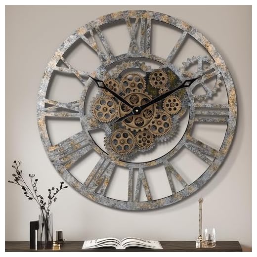 Lafocuse 23 Inch Gear Clock with Moving Gears Exposed, Farmhouse Rustic Large Wall Clock with Gears, Steampunk Moving Gears Wall Clock Bronze for Living Room Decor Office Home