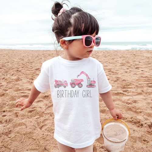 Birthday Girl Pink Trucks Toddler Shirt - Construction Zone Backhoe Tractor Digger Cement Mixer Excavator Outfit - Natural Toddler & Youth Girls Graphic Tee4