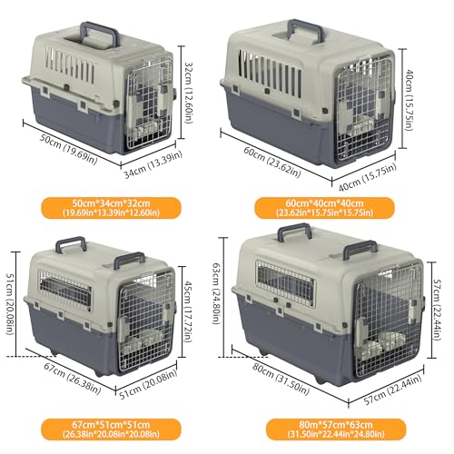 Froadp Transportbox für Haustiere Hund Katze Hundebox aus PP Kunststoff 67x51x58.5cm Katzentransportbox Hundetransportbox mit Rädern & Urinabstandshalter & Hängende Fressnäpfe Katzenbox
