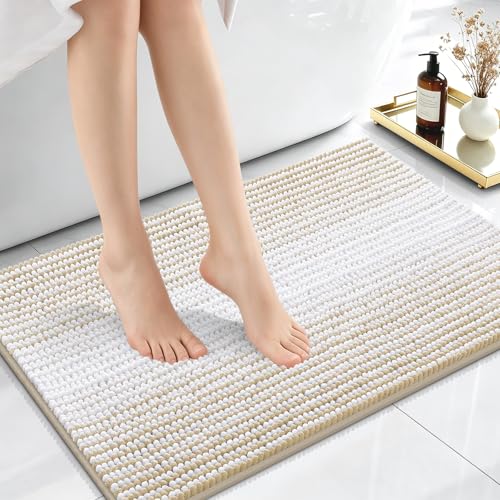 Image of OLANLY Small Bathroom Rugs 24x16, Extra Soft Absorbent Chenille Striped Bath Rugs, Rubber Backing, Machine Wash Dry, Bath Mats for Bathroom Floor, Tub and Shower, Home Decor Accessories, Beige