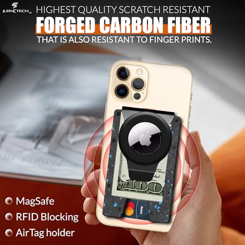 Magnetic Carbon Fiber Slim Wallet with Money Clip Airtag, RFID Blocking, AirTag Compatible, Metal, Magsafe compatible for all iPhones 12-16 (Airtag Money Clip, Blue)2