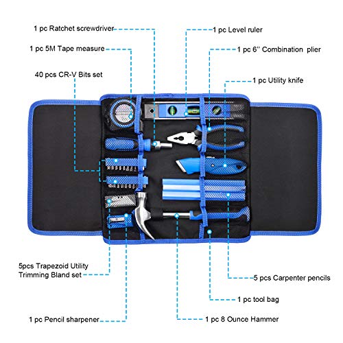 HELAKLS 58 Piece Carpenter Home Maintain Repair Hand Tool Kits Set Ratchet Screwdriver Combination Pliers Utility Knife Level Ruler Hammer For Woodwork
