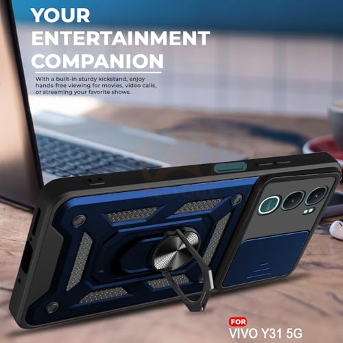 Image of Armor Bumper Back Cover Case for Vivo Y31 5G Rotating Camera Cover, Ring Holder & Kickstand | Heavy Duty & 360 Degree Protection Vivo Y31 5G Back Cover (Blue)