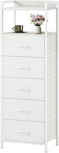 Miniatura 16 de Somdot - Mesita de noche con 4 cajones, cajonera vertical con estructura de acero resistente, parte superior de madera y cajones de tela fáciles de