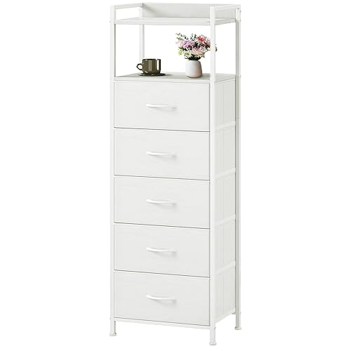 Somdot White Tall Night Stand for Bedroom,Tall 5 Drawers Dresser,