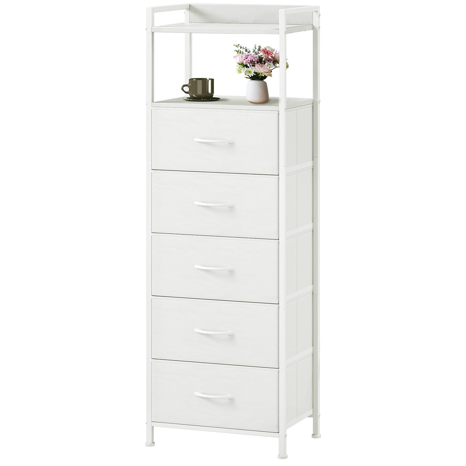 Photo 1 of Somdot Tall Dresser for Bedroom, 5 Drawers Nightstand Vertical Storage Tower Unit, Night Stand Furniture with Fabric Drawer Organizer in Bedside Hallway, Entryway, Kids Room, Closet, White Leather