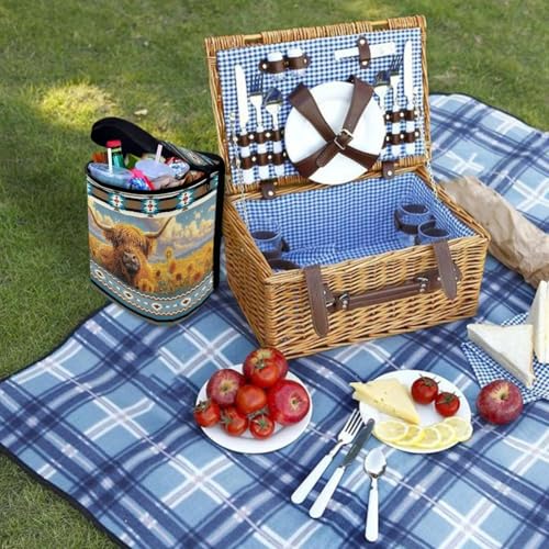 Image of Talayituse Aztec Highland Cattle American Tribal Print Car Trash Can, Auto Garbage Bin with Adjustable Straps, Foldable Car Trash Bin Hanging Storage Organizer Bag Container for Camping Picnic