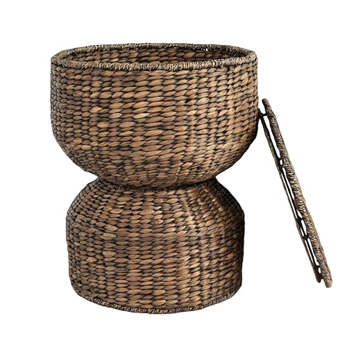 happimess SAT1000B Bhola 18" Hourglass Handwoven Hyacinth Storage Accent Table with Lid for Storage and Decoration in Bedroom, Living Room, Kitchen, Dining Room, Entryway, Guestroom, Brown Wash