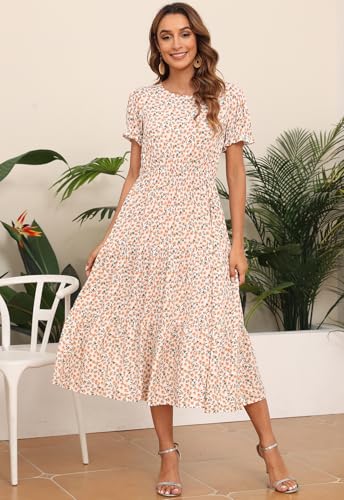 Image of NAVINS Womens Floral Print Modest Wedding Guest Midi Dress with Pockets | Puff sleeve tiered boho dress for summer, church, and vacations. Elastic waist, Below knee, hand or machine wash.
