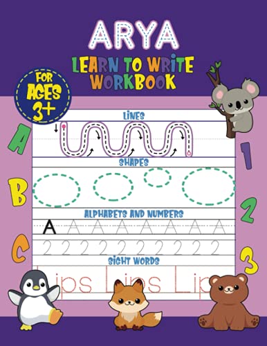 Arya Learn to Write Workbook - Lines, Shapes, Alphabets, Numbers, and Sight Words: Personalized Children Letter Tracing Workbook for Ages 3-5, ... with Colorful Pictures and Example Words image 2