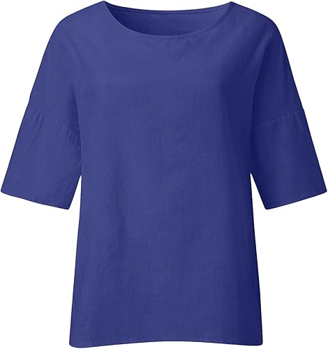Miniatura 4 de Camisa básica de lino para mujer, cuello barco, media manga, de gran tamaño, ligera, de algodón, lino, suave, para verano, ropa